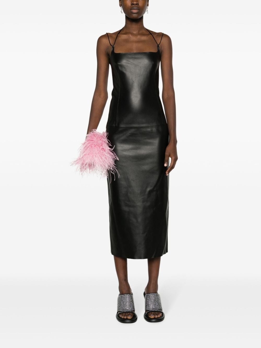 halterneck leather midi dress - 2