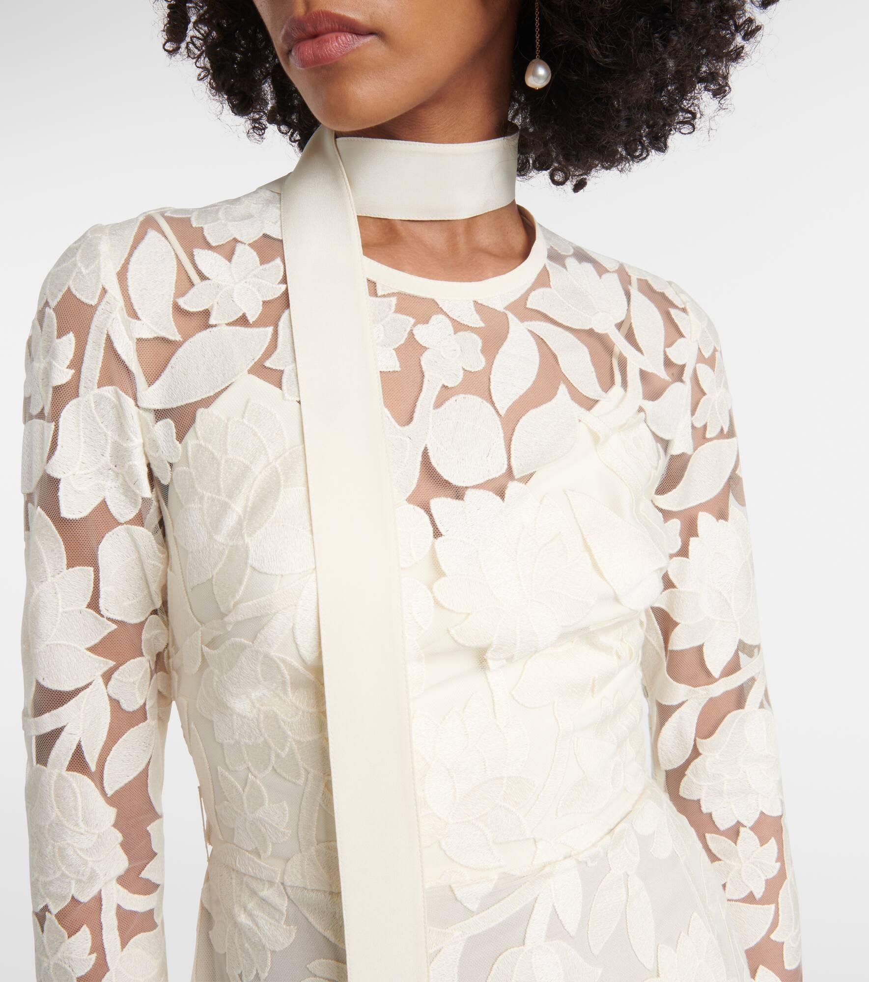 Floral embroidered tulle midi dress - 4