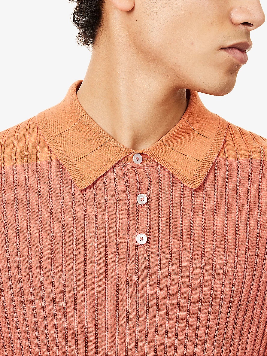 Ribbed Short-Sleeve Knitted Cotton Polo Shirt - 5