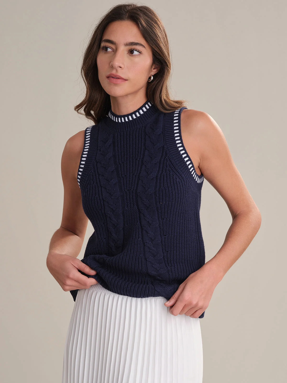 Demi: Cotton Contrast Tipping Cable Tank - 1