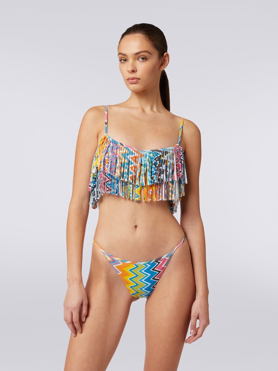 Printed stretch fabric bikini with fringed top - 2