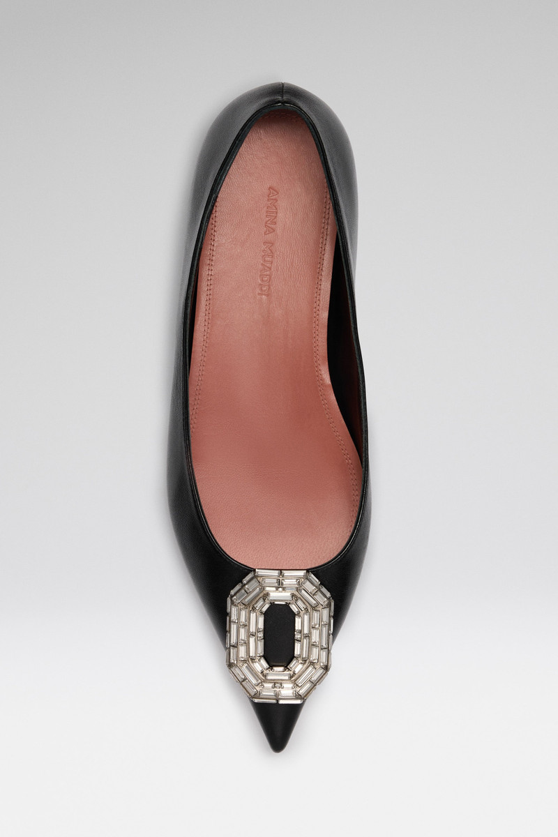 Amina Muaddi CAMELIA FLAT BLACK NAPPA AND WHITE BUCKLE outlook