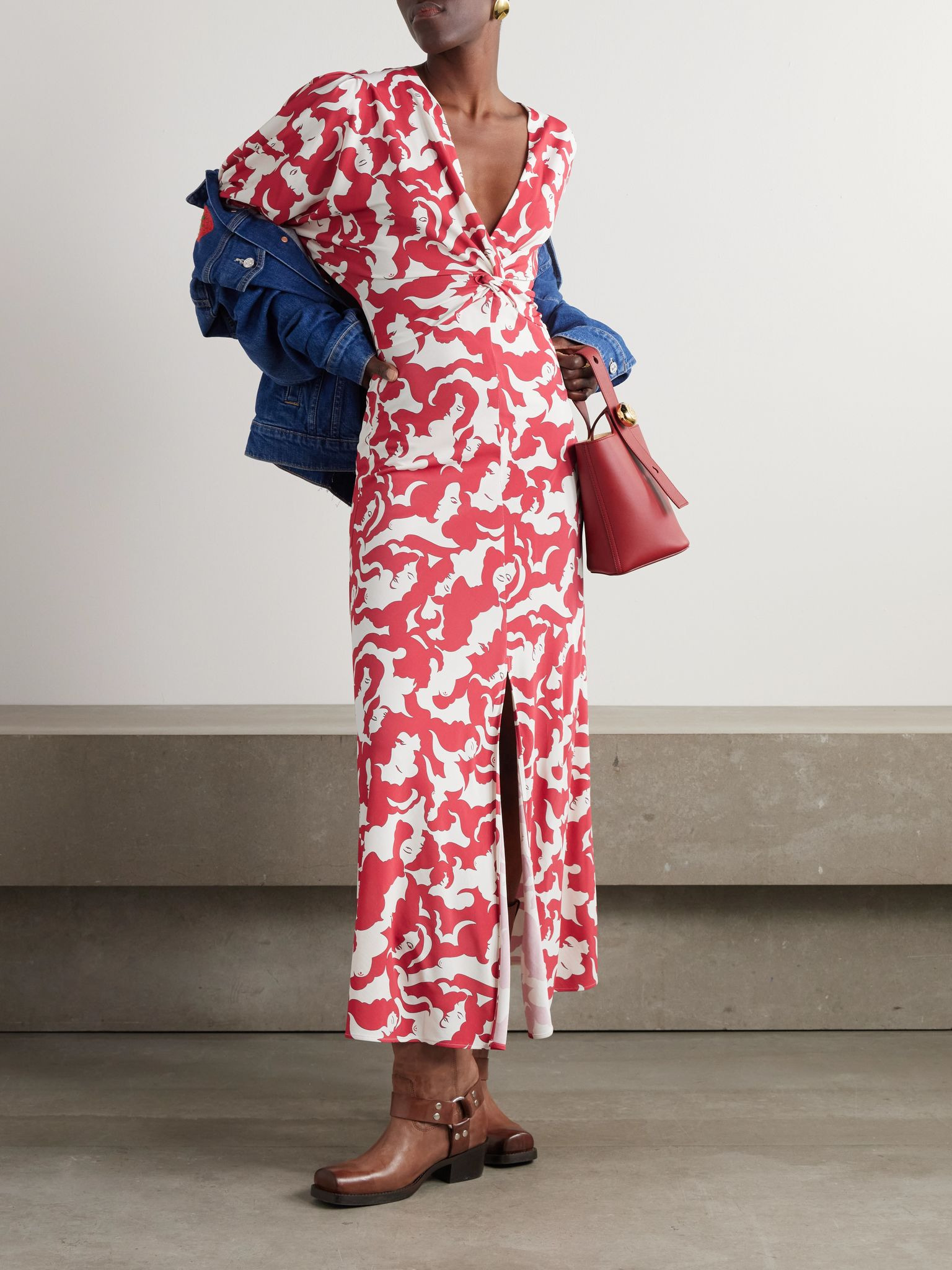 + MOTHER twist-front printed jersey midi dress Red - 2