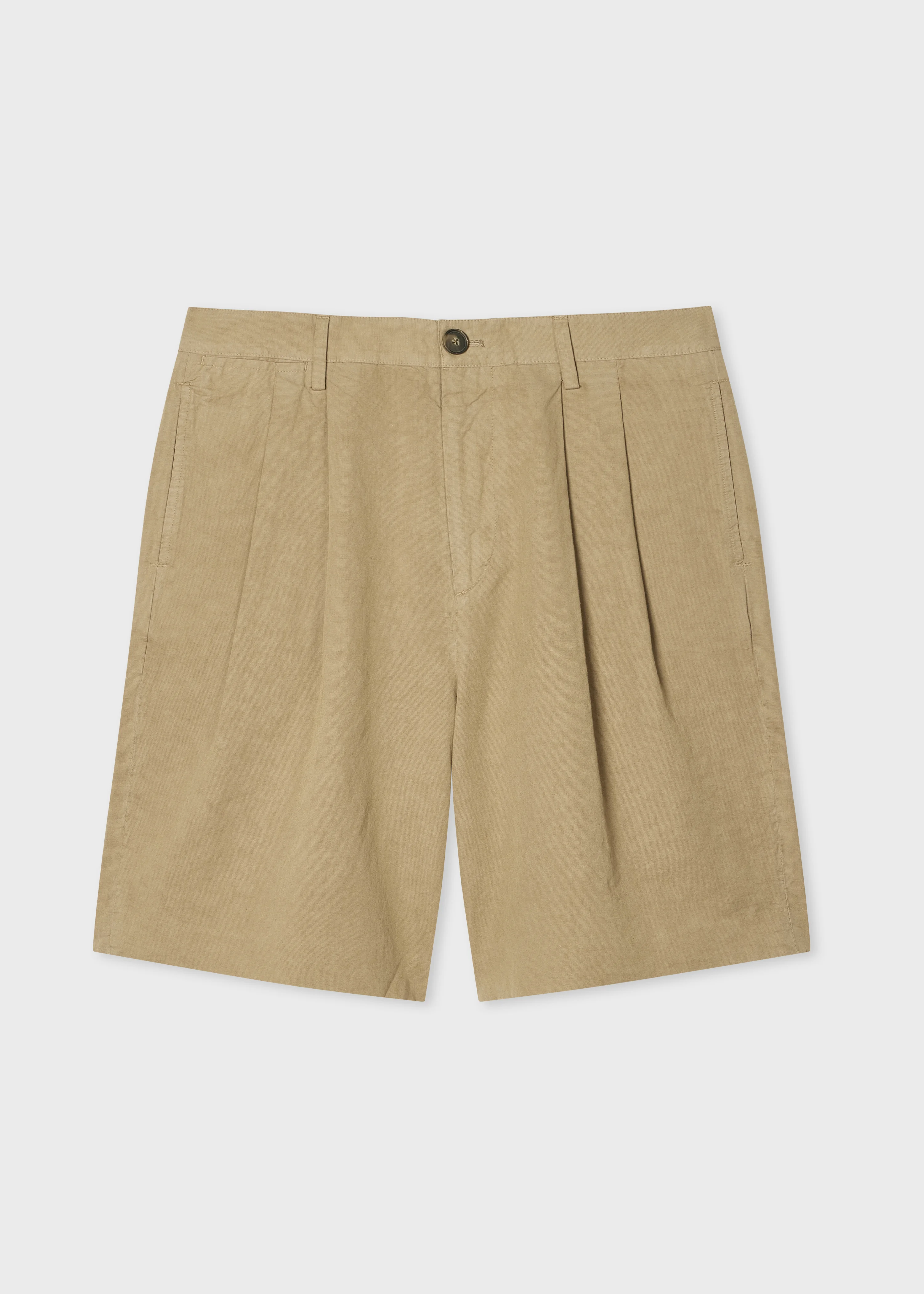 Taupe Cotton-Linen Double-Pleat Shorts - 1