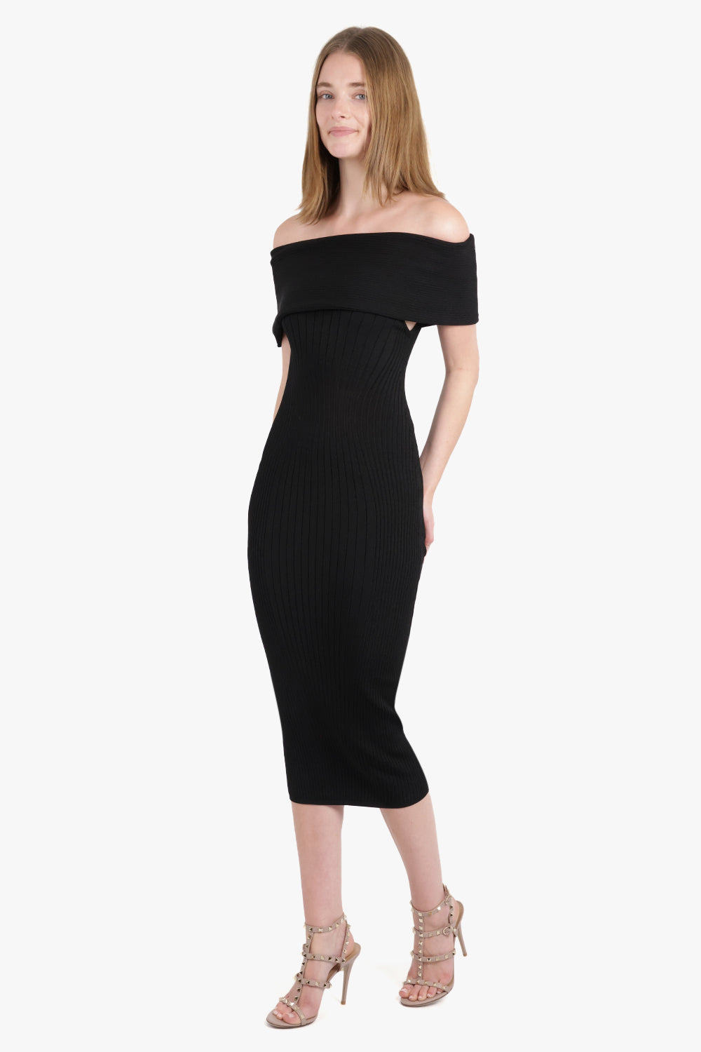 OFF SHOULDER SCULPTING KNIT MIDI DRESS | BLACK - 2