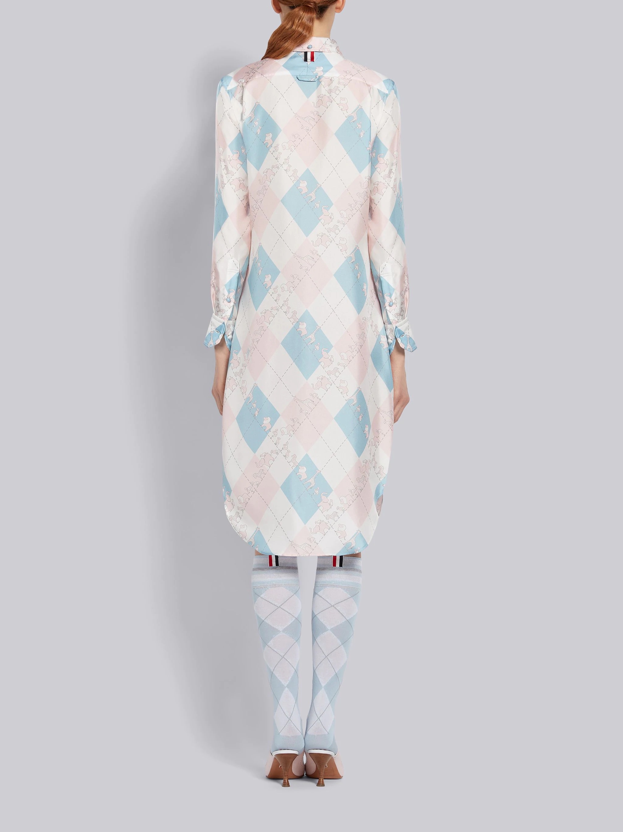 Light Blue and Pink Silk Argyle Print Animal Icon Round Collar Classic Long Sleeve Shirtdress - 3