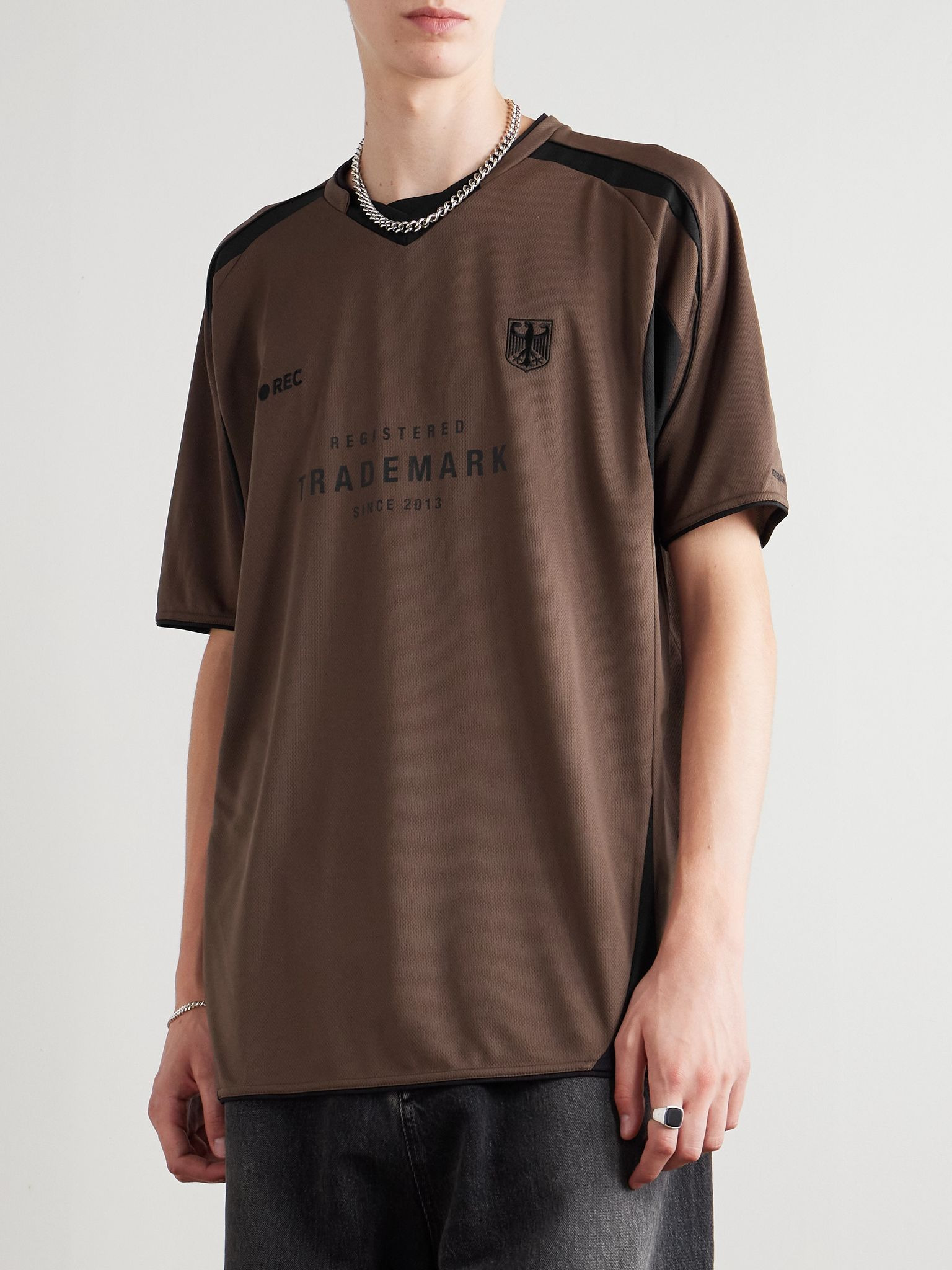Printed Embroidered Panelled Cotton-Mesh T-Shirt Brown - 3