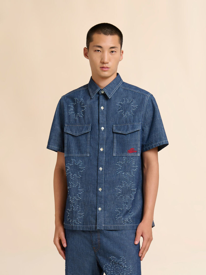 Marni BLUE CHAMBRAY SHORT-SLEEVED SHIRT WITH FRAYED SUN MOTIF outlook