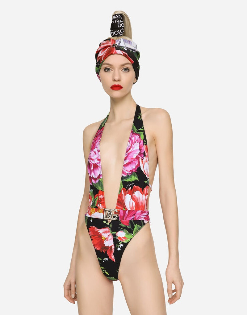Belted floral-print swimsuit with plunging neckline 4