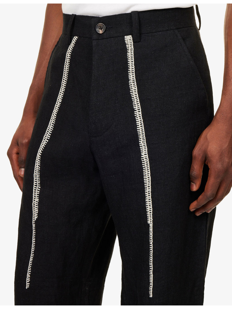Contrast-Embroidered Wide-Leg Linen Trousers 5