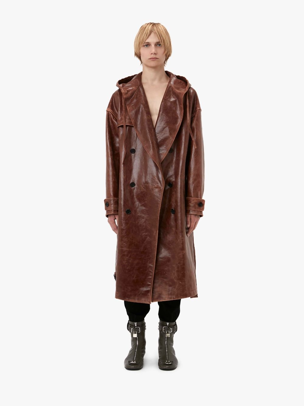 HOODED LEATHER TRENCH COAT - 2