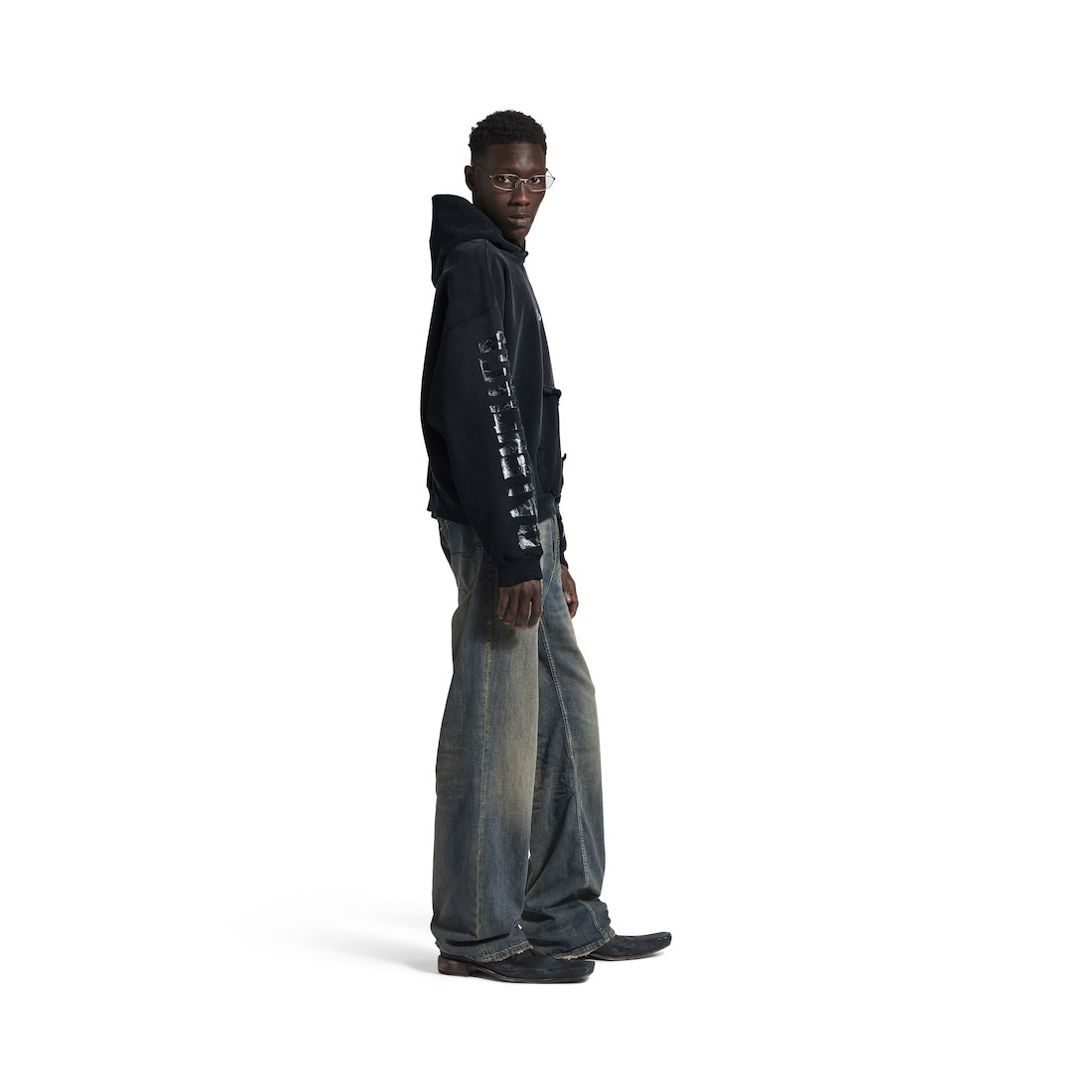 Men's Transparent Tape Ripped Pocket Hoodie in Faded Black/white - 3