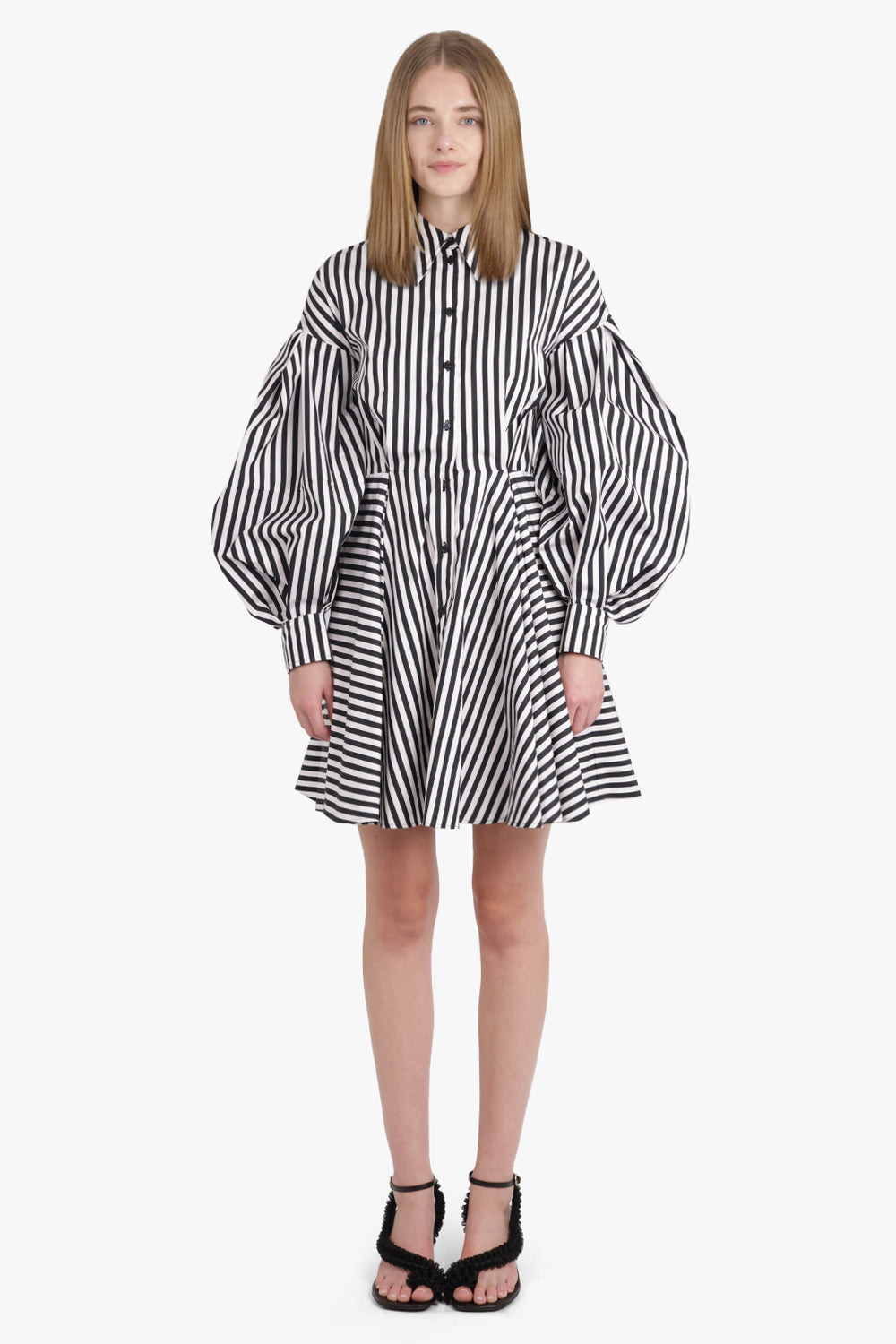 STRIPE L/S MIDI SHIRT DRESS WITH BALLOON SLEEVES | BLACK/WHITE - 3