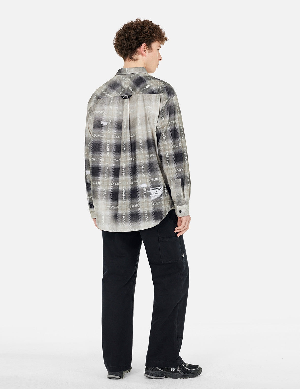 Allover Logo Print Distressed Oversized Check Shirt - 4
