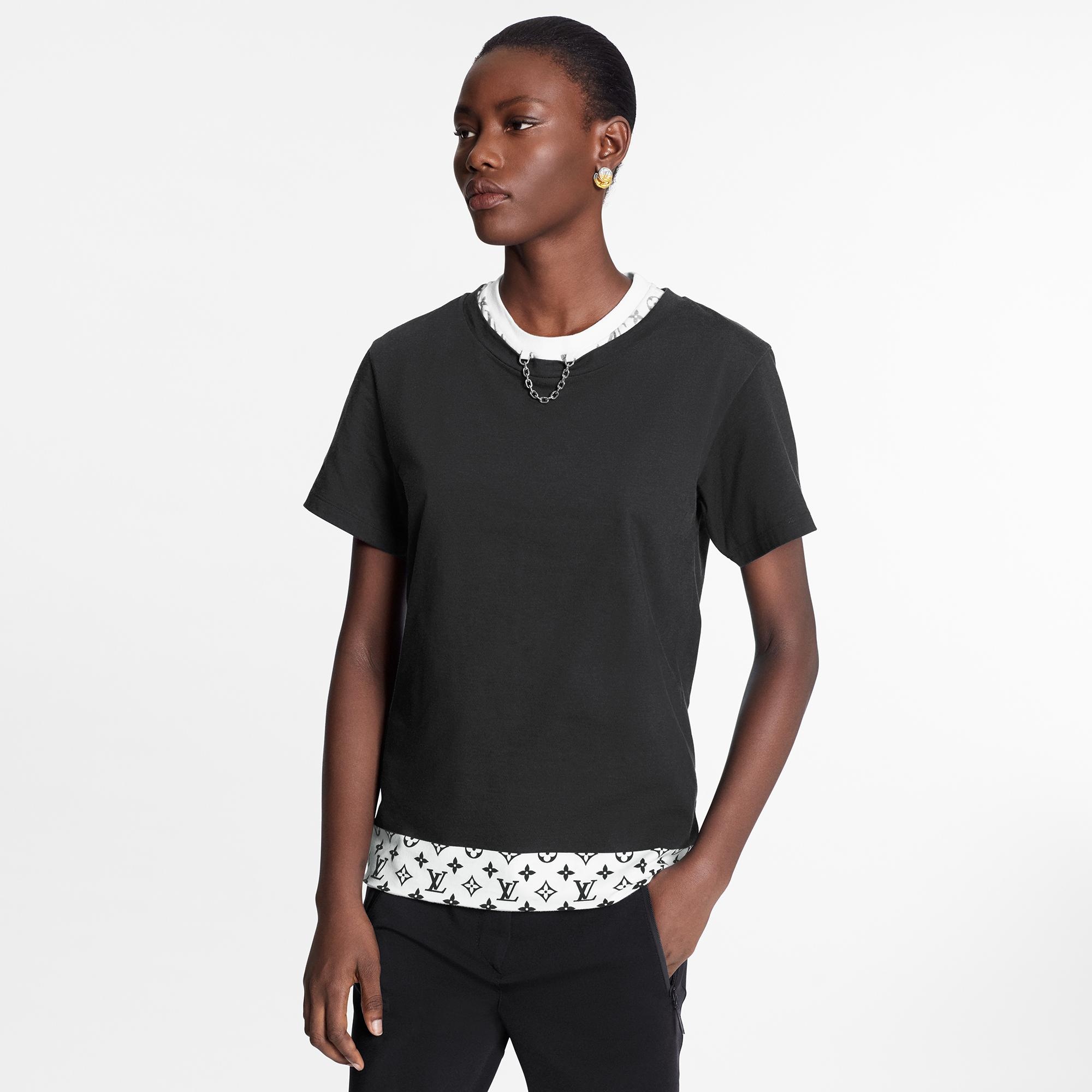 Layered Black T-Shirt In Jersey With Contrasting Monogram Print - 3