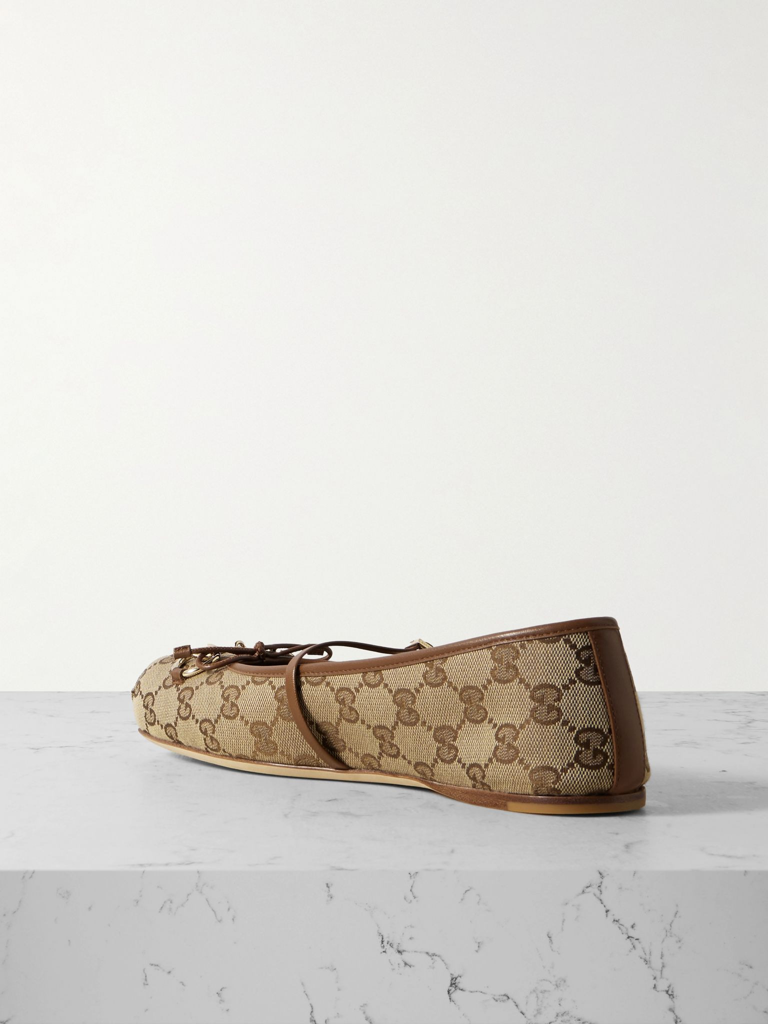 Horsebit-detailed leather-trimmed canvas-jacquard ballet flat Beige - 3
