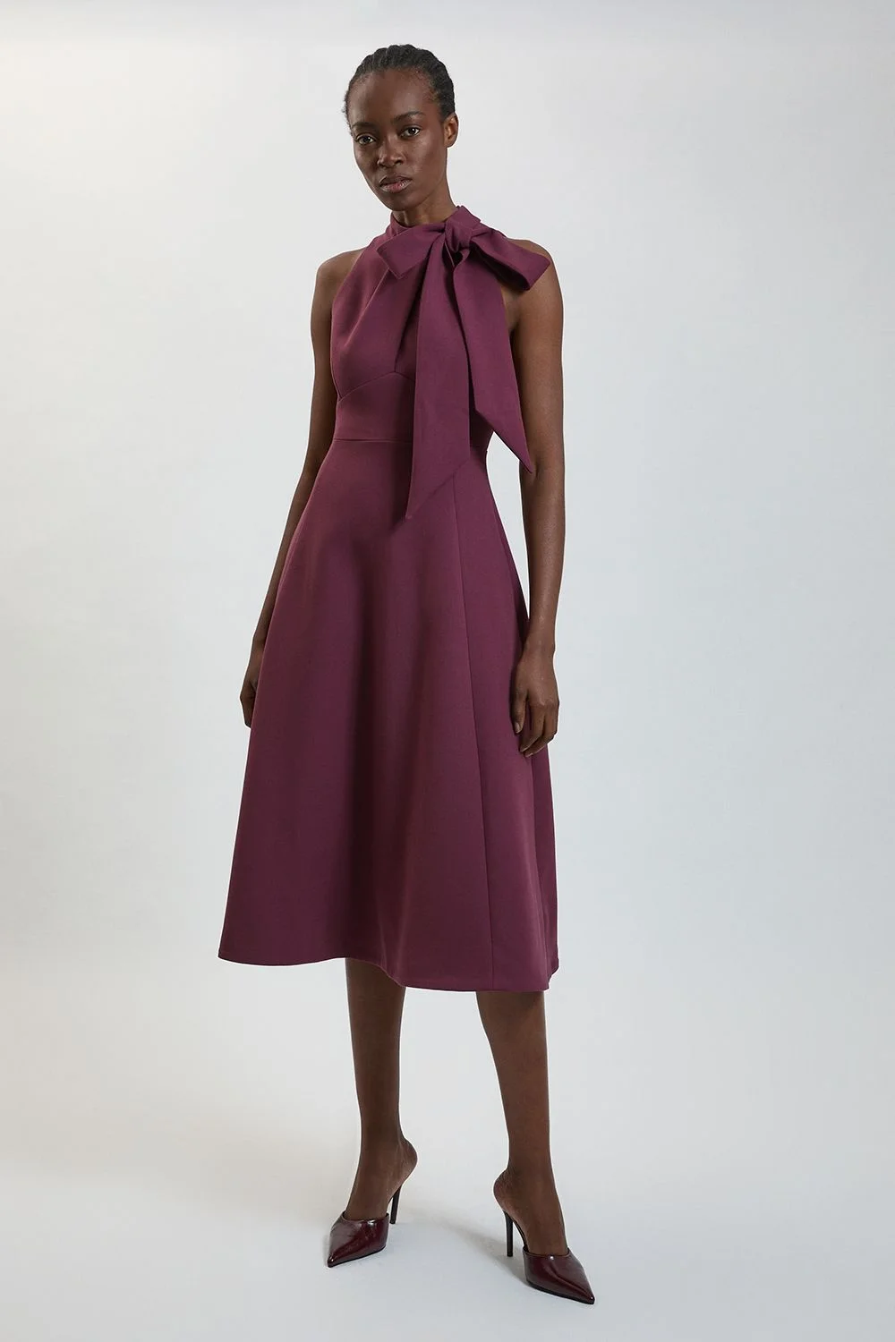 Compact Stretch Bow Tie Neck Full Skirted Midi Dress - 1