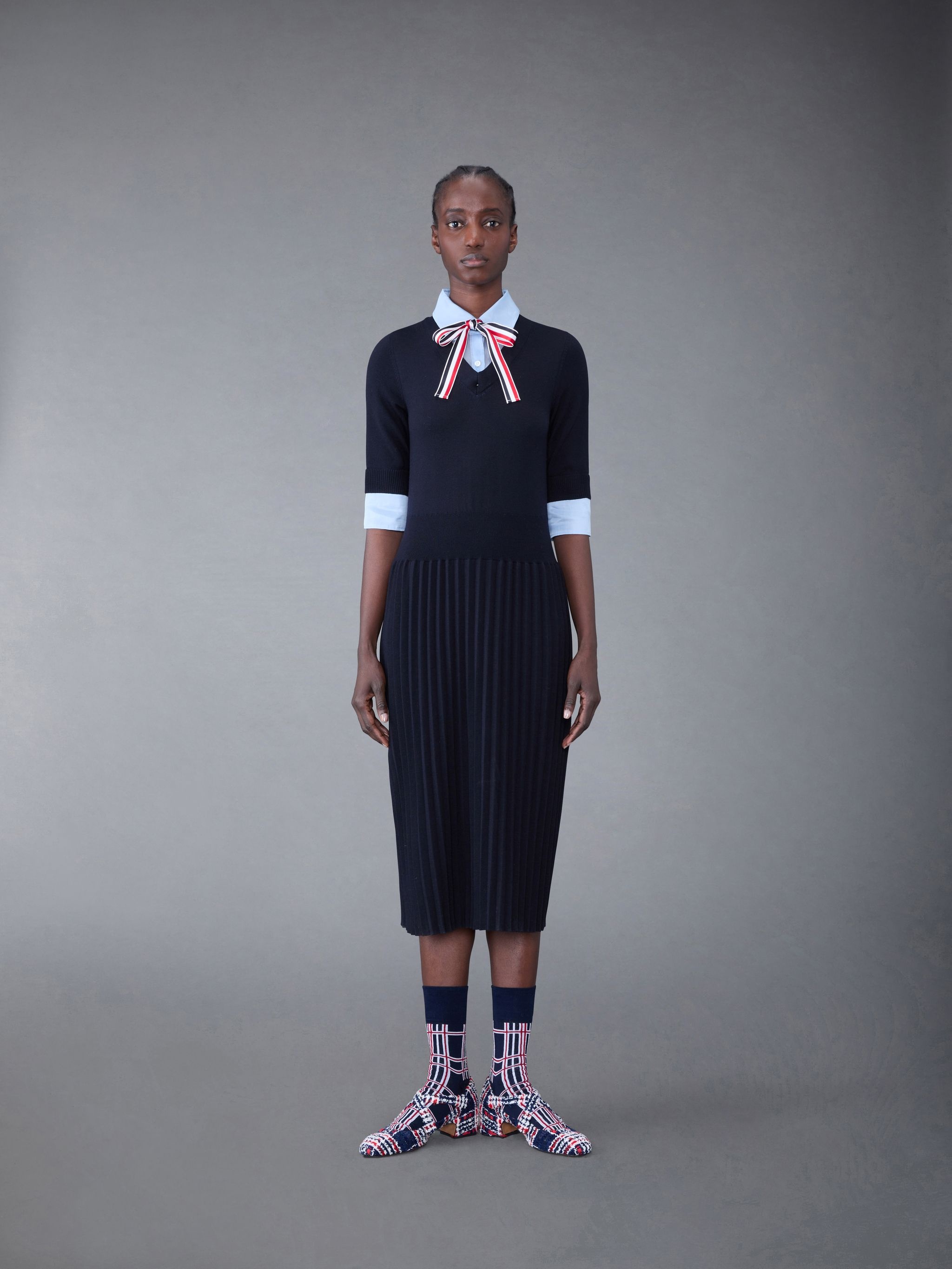 Wool Jersey Organza Pleated Bottom Ribbon Tie Combo Shirtdress - 1