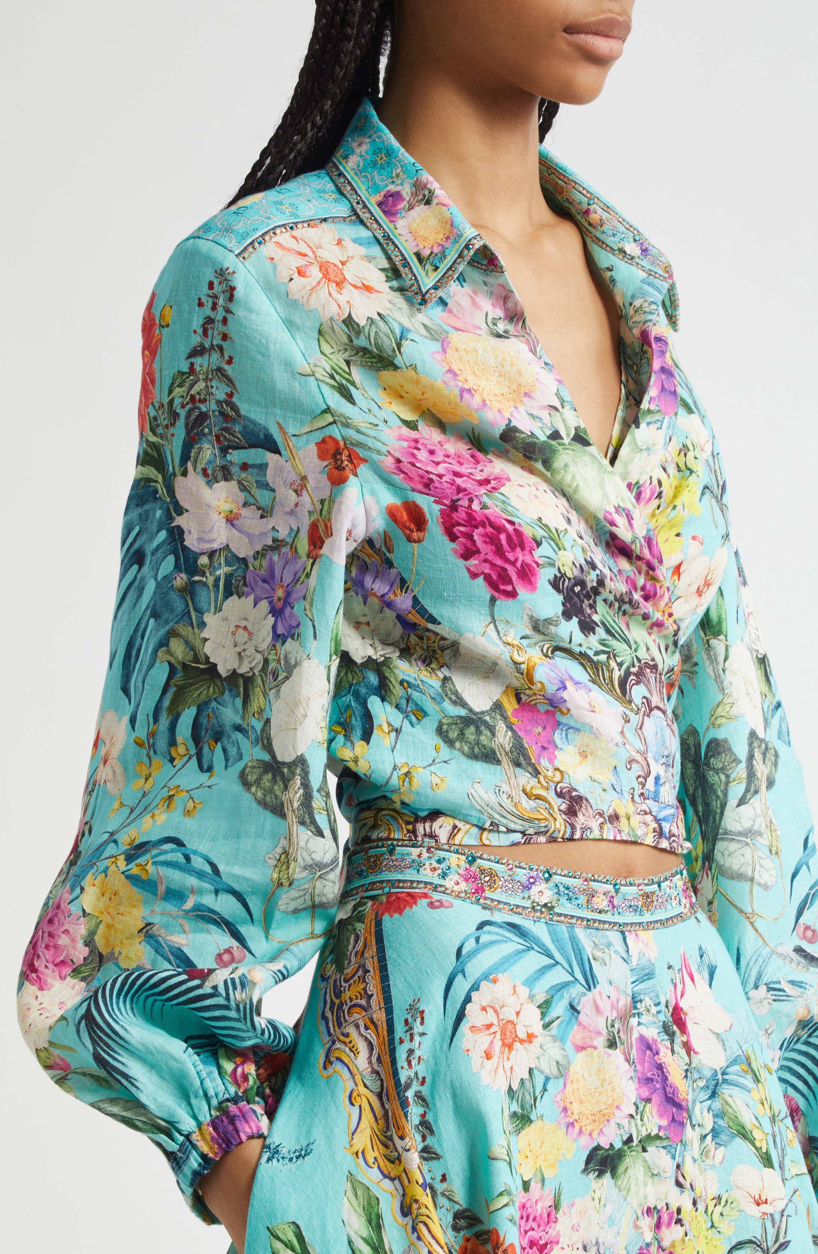 Camilla Crystal Embellished Crop Linen Wrap Shirt in Gardens Of Queluz at Nordstrom - 5