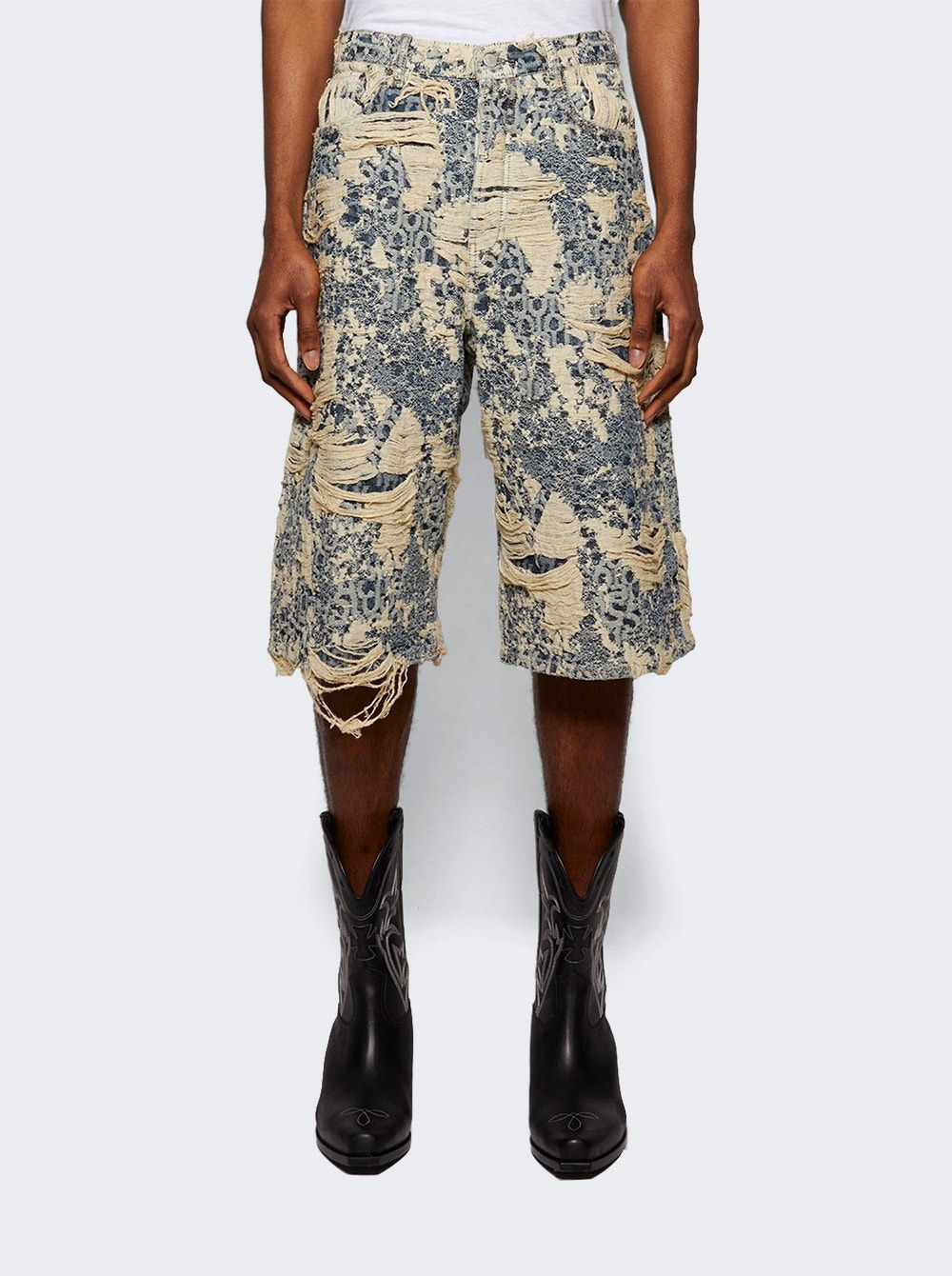 Distressed Monogram Denim Shorts Mid Blue - 2