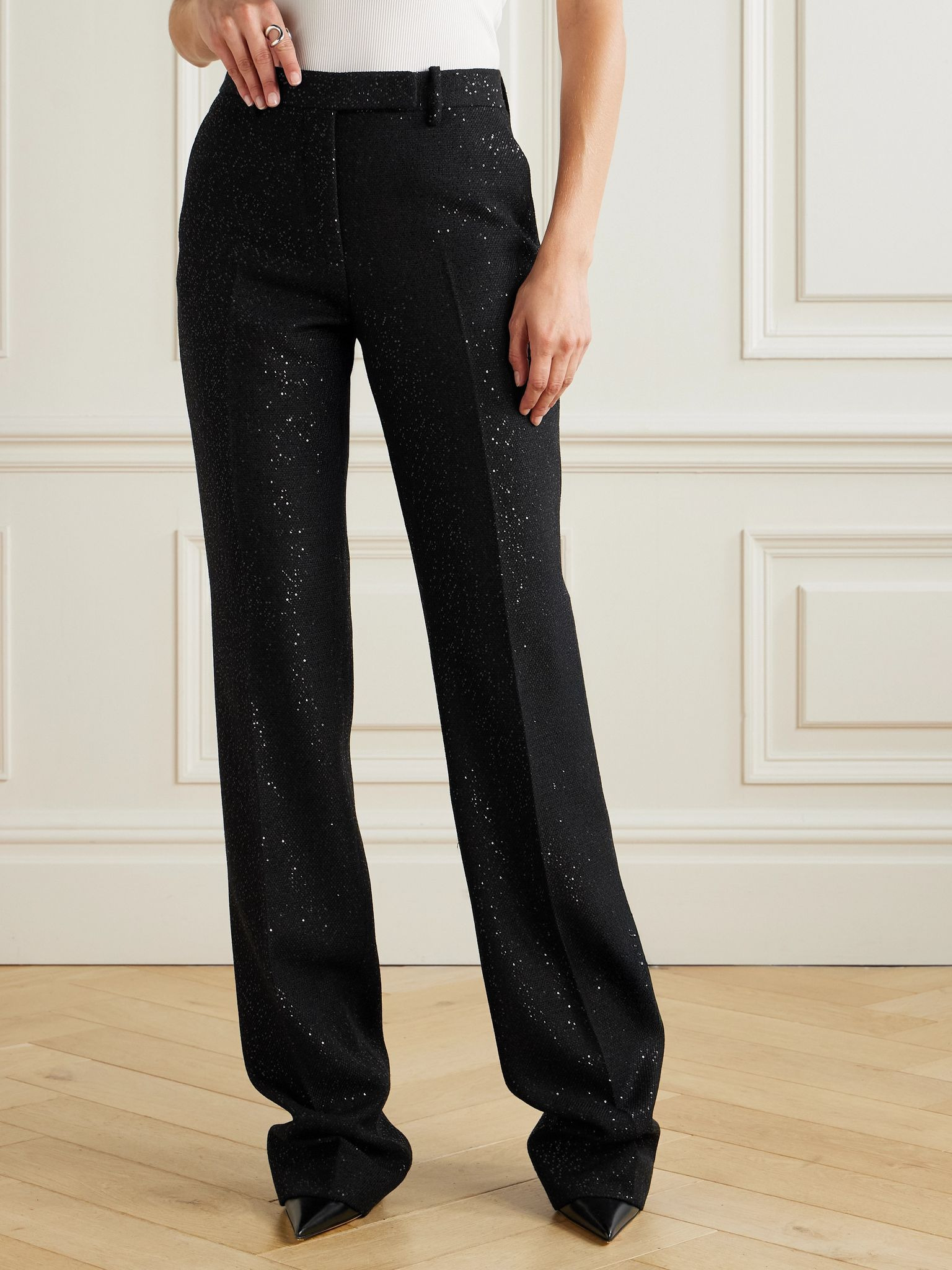Sequin-embellished wool-blend twill straight-leg pants Black - 3