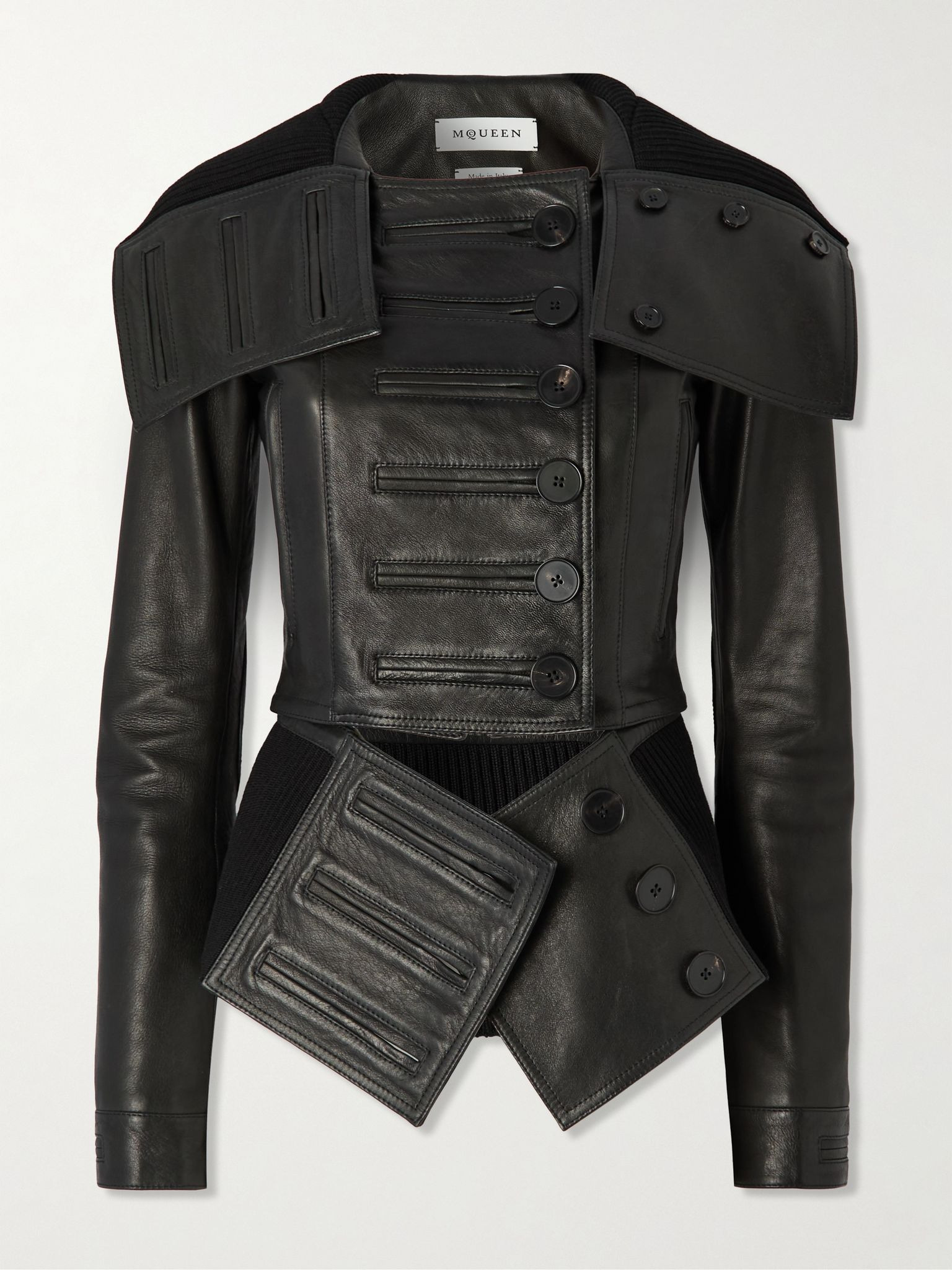 Paneled leather and ribbed cotton-blend jacket Black - 1