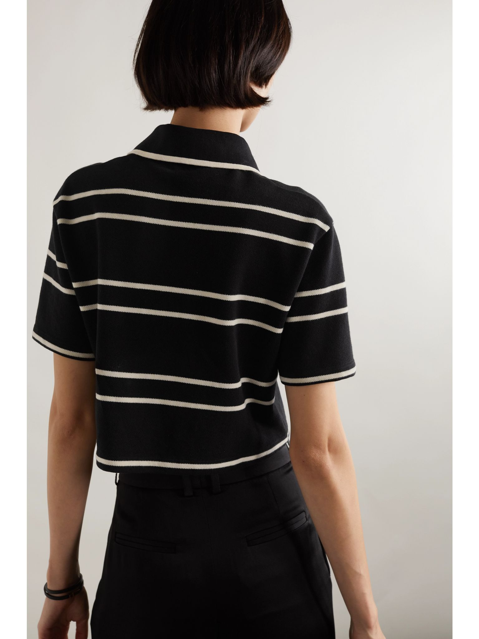Striped cropped cotton-piqué polo shirt Black - 4