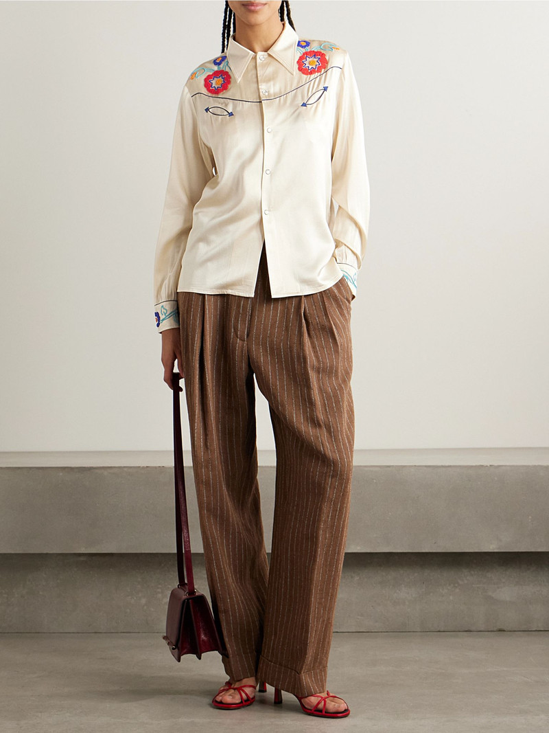 BODE Garden Party bead-embellished embroidered silk-satin shirt Cream outlook
