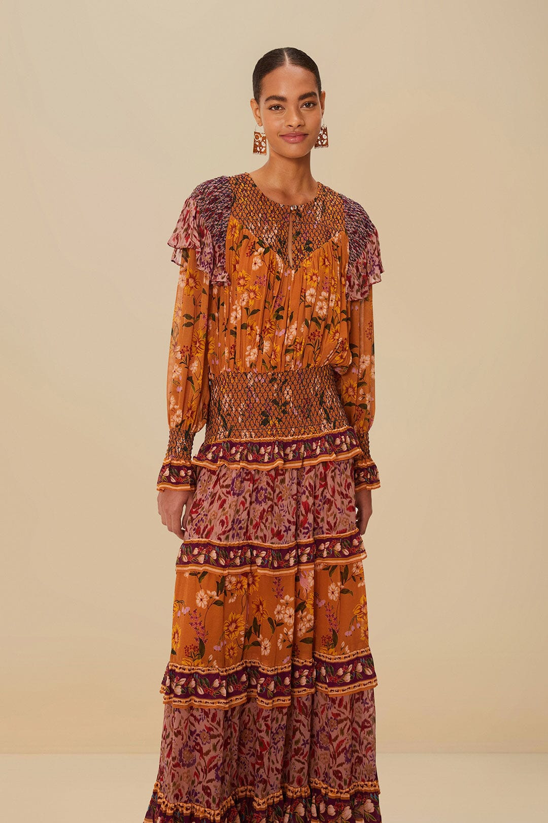 Colorful Birds Camel Smocking Long Sleeve Maxi Dress - 2