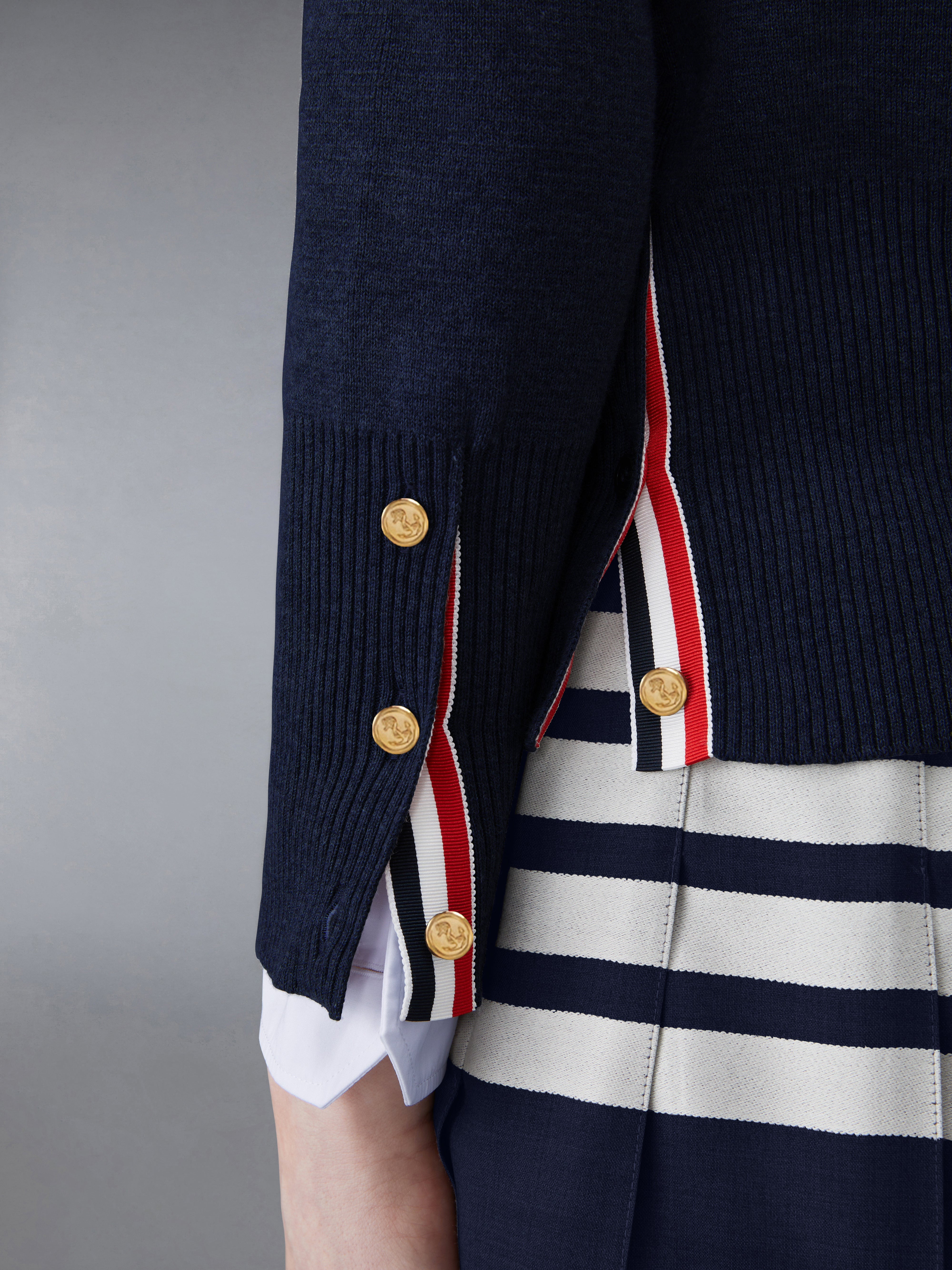 Navy Cotton Crepe V-Neck 4-Bar Cardigan - 5