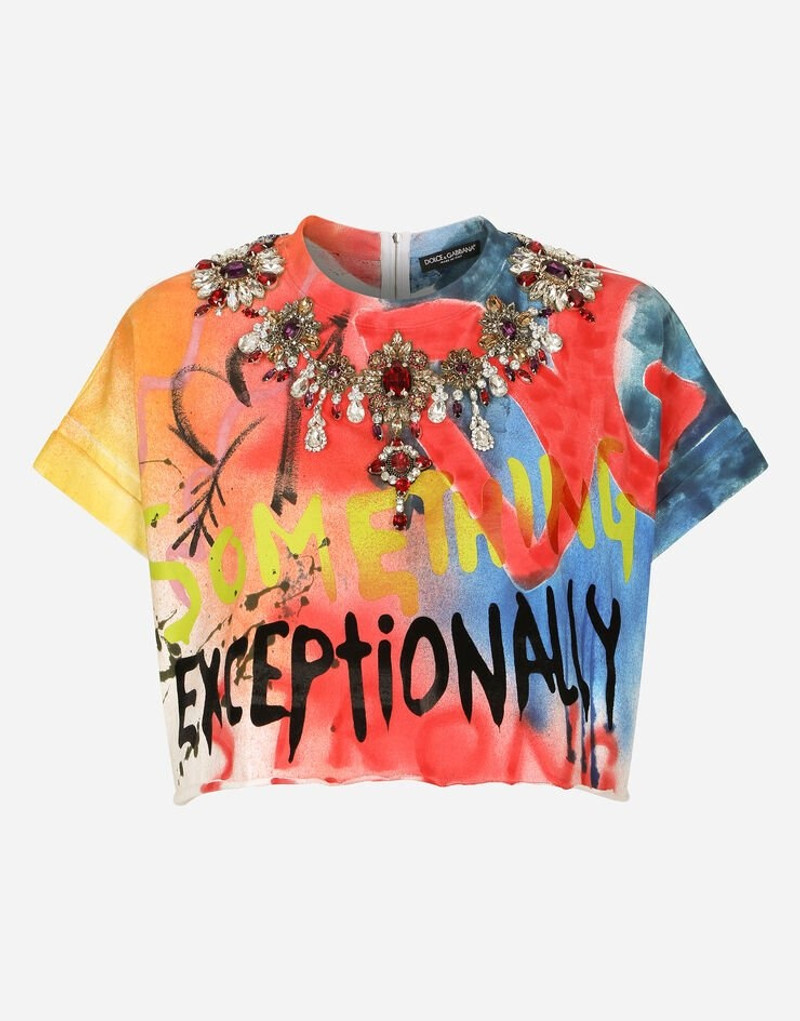 Cropped jersey T-shirt with graffiti print and necklace detail 4