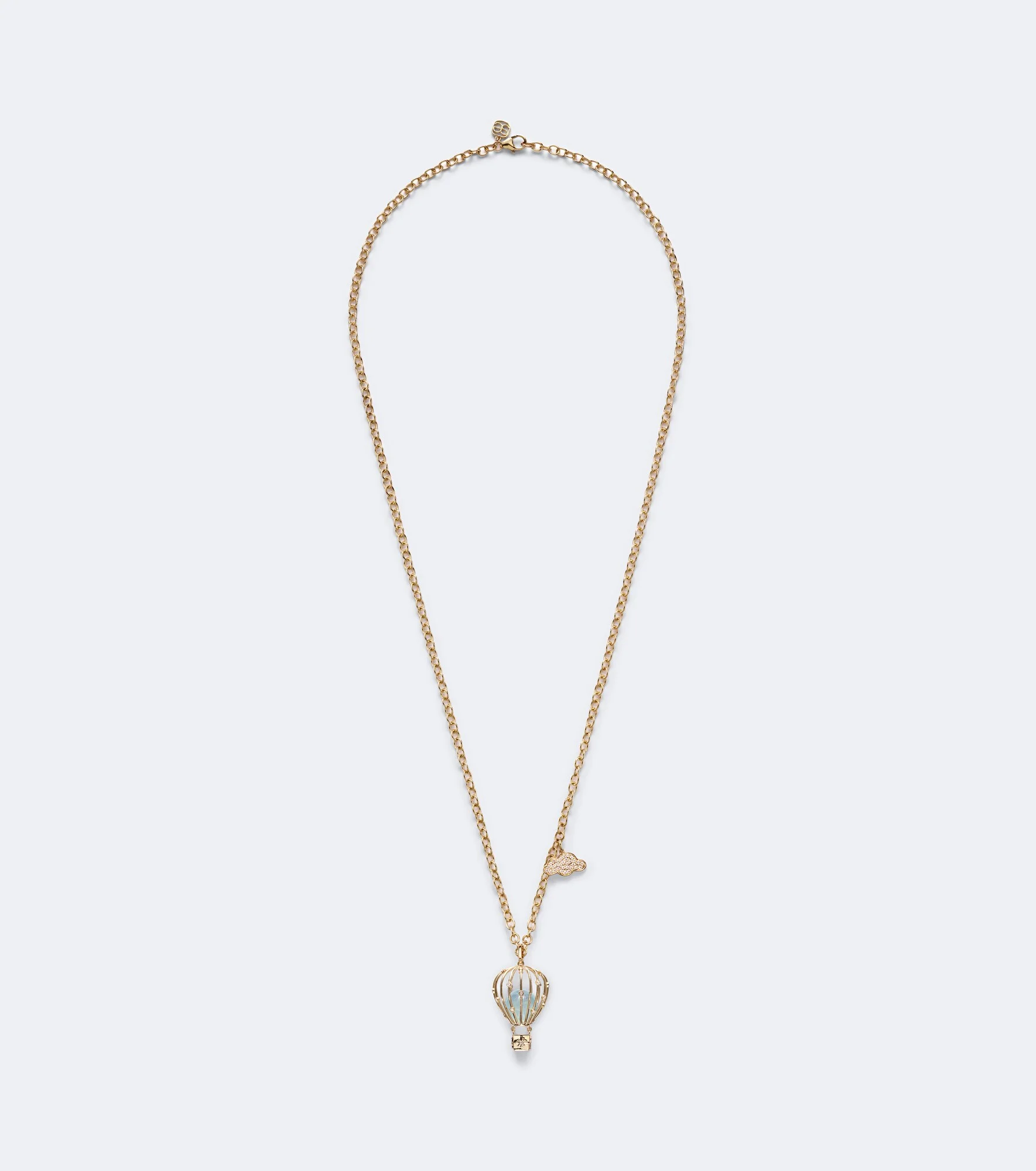 Hot Air Balloon and Cloud 14kt gold chain necklace with aquamarine and diamonds - 1