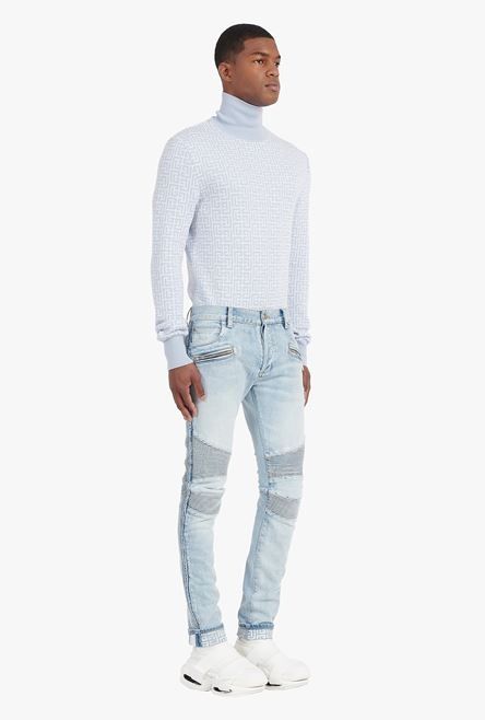 Slim cut faded and ridged light blue denim cotton jeans with Balmain monogram on hem - 7