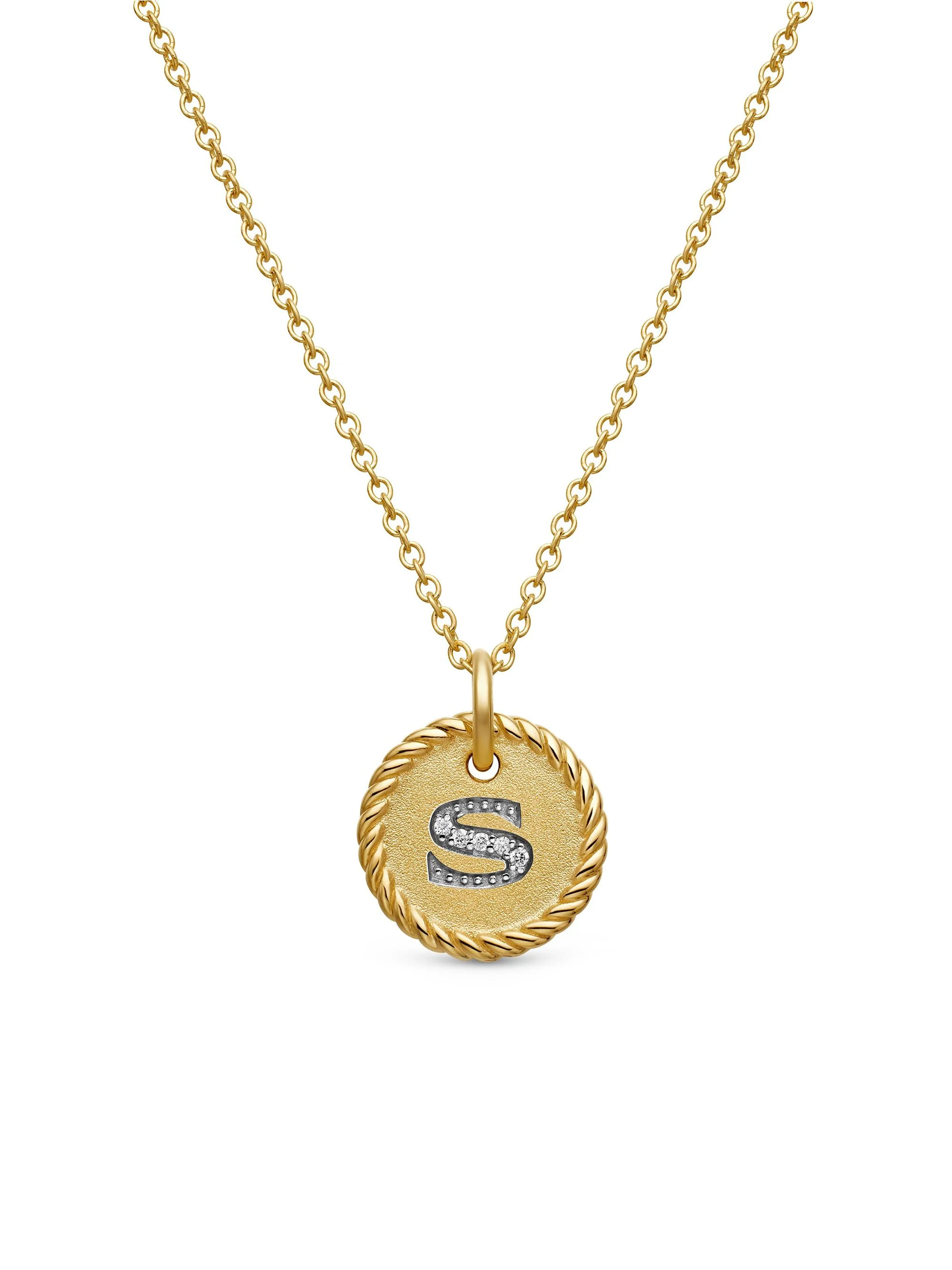 Women's Initial Charm Necklace in 18K Yellow Gold with Pavé Diamonds - Initial S - 1
