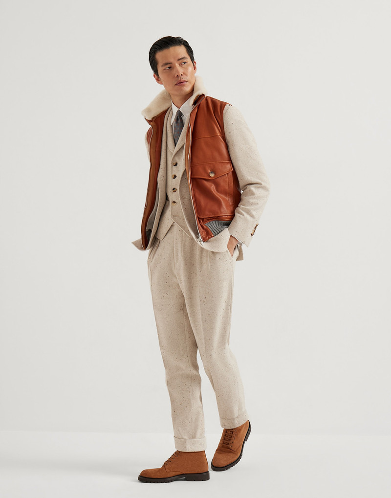 Wool and cashmere flecked diagonal tailor fit trousers with double pleats and waist tabs 4