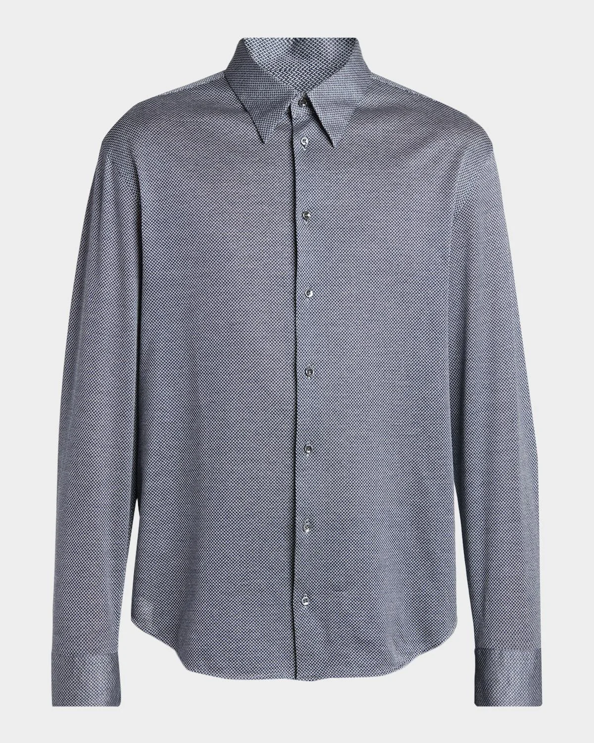 Men's Silk-Blend Micro-Chevron Button-Down Shirt - 1