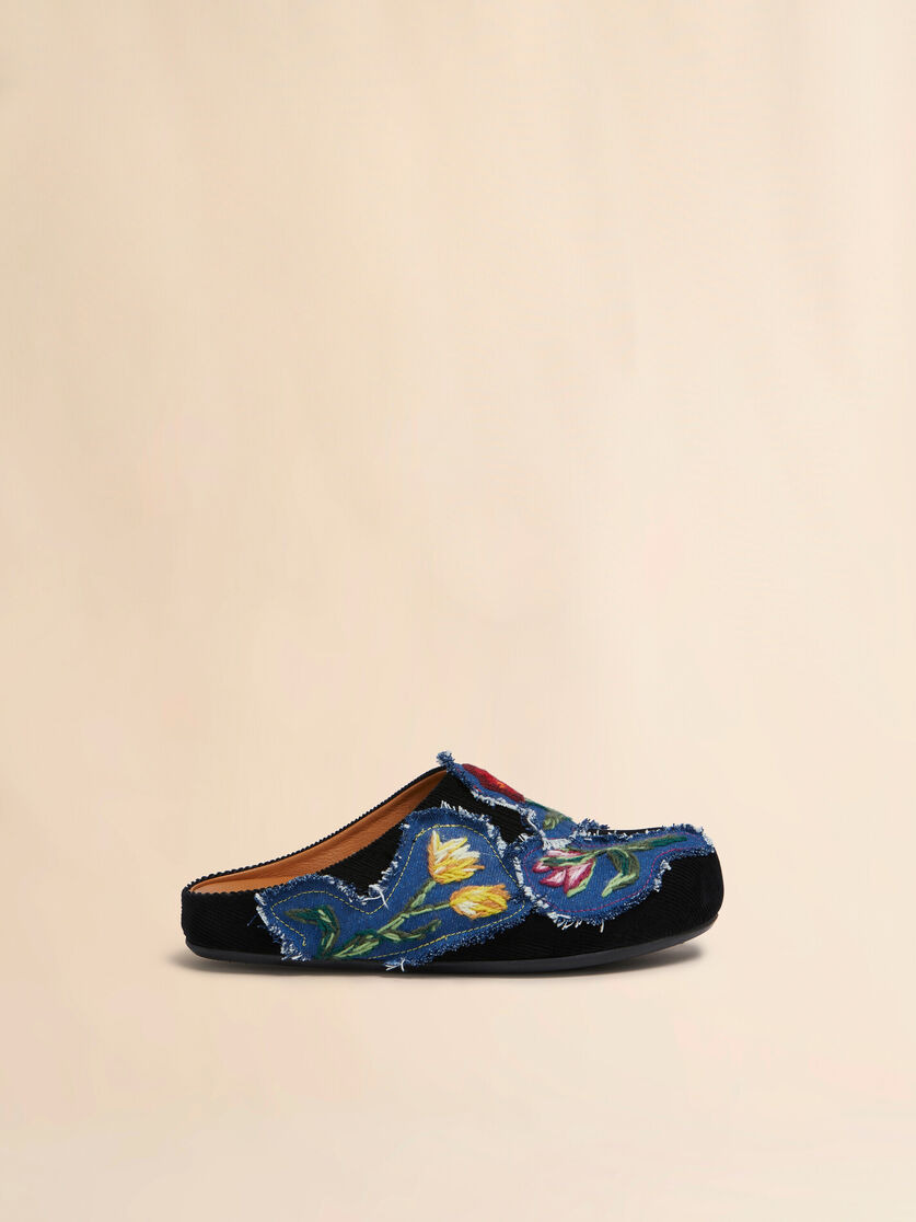 BLACK CORDUROY FUSSBETT SABOT WITH DENIM APPLIQUÉS - 1
