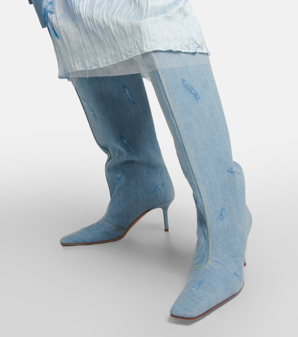 Distressed denim knee-high boots - 7