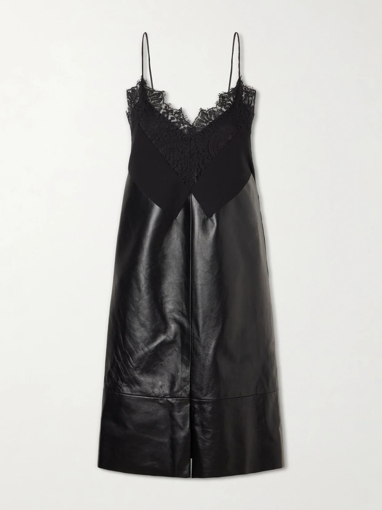 Tulipa Gathered Lace-trimmed Jersey And Leather Midi Dress - 1