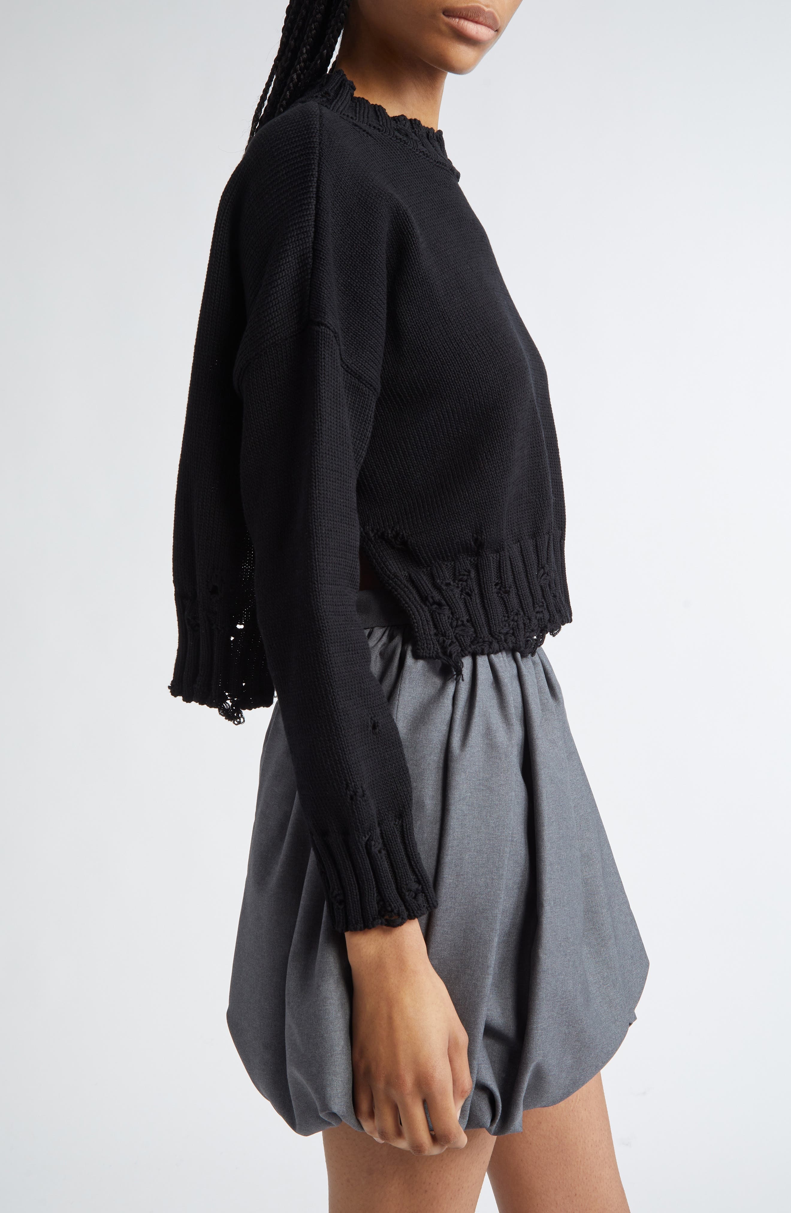 Marni Distressed Embroidered Logo Cotton Sweater in Black at Nordstrom - 4