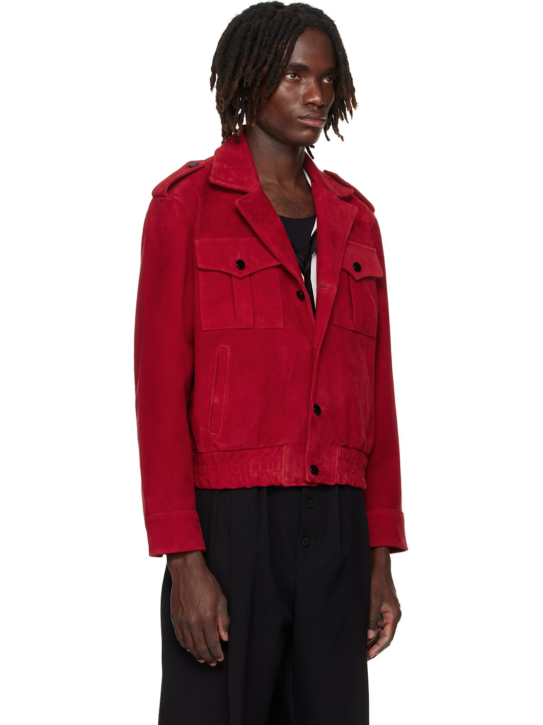 Red Military Suede Bomber Jacket - 2