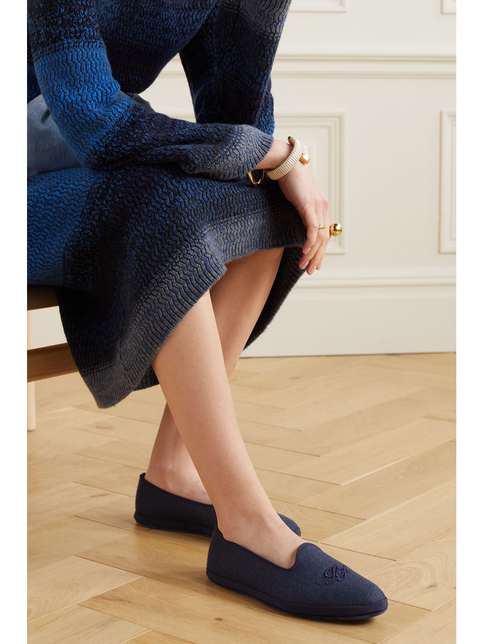 Venice embroidered herringbone cashmere slippers Navy - 2