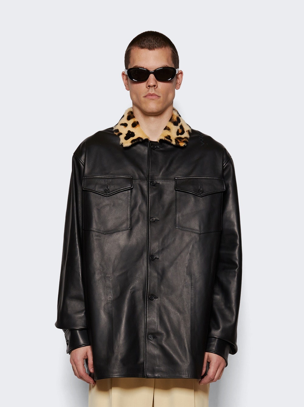 Leather Shirt With Shearling Collar Black - 3