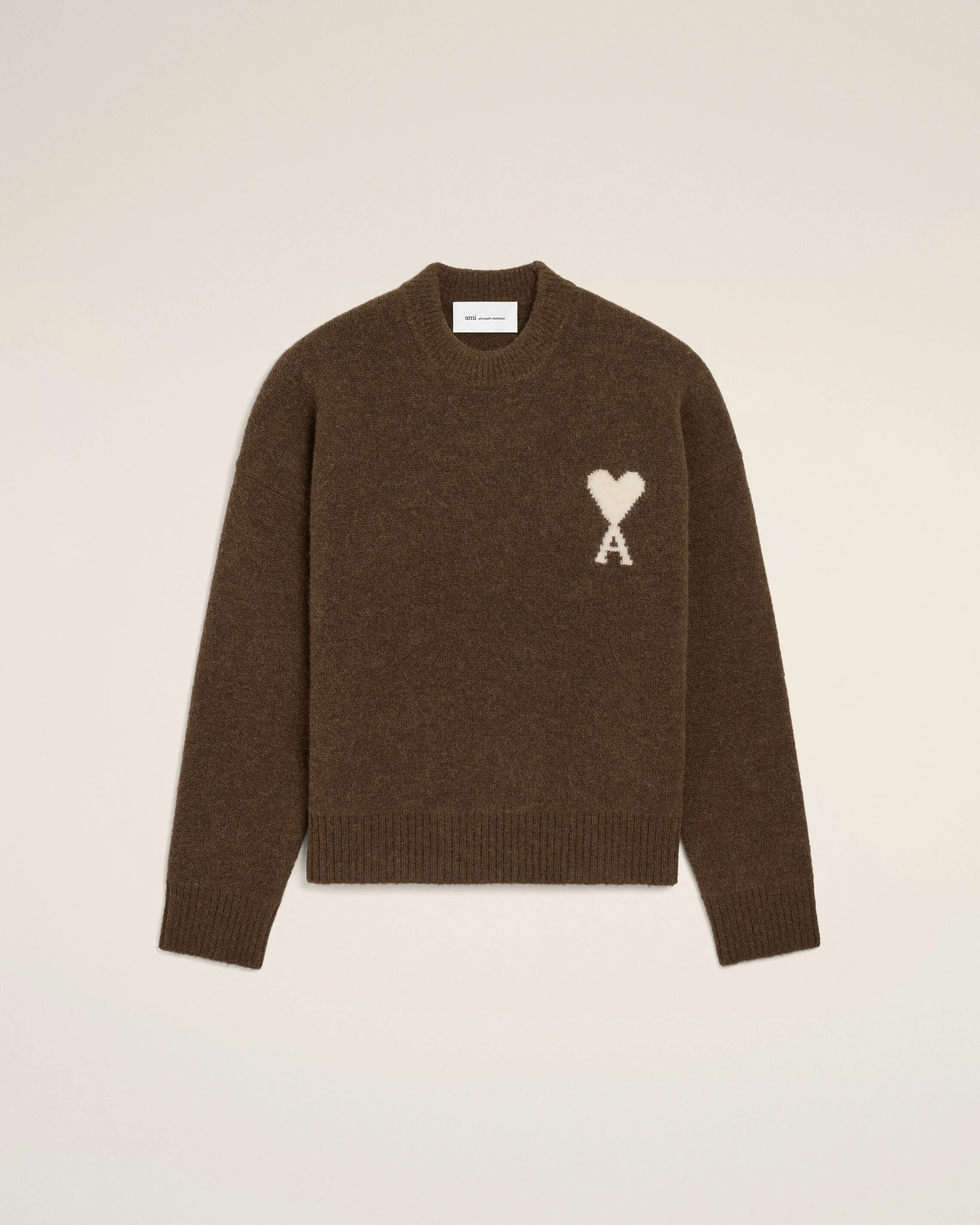 BROWN CREWNECK ALPACA SWEATER WITH AMI DE COEUR - 1