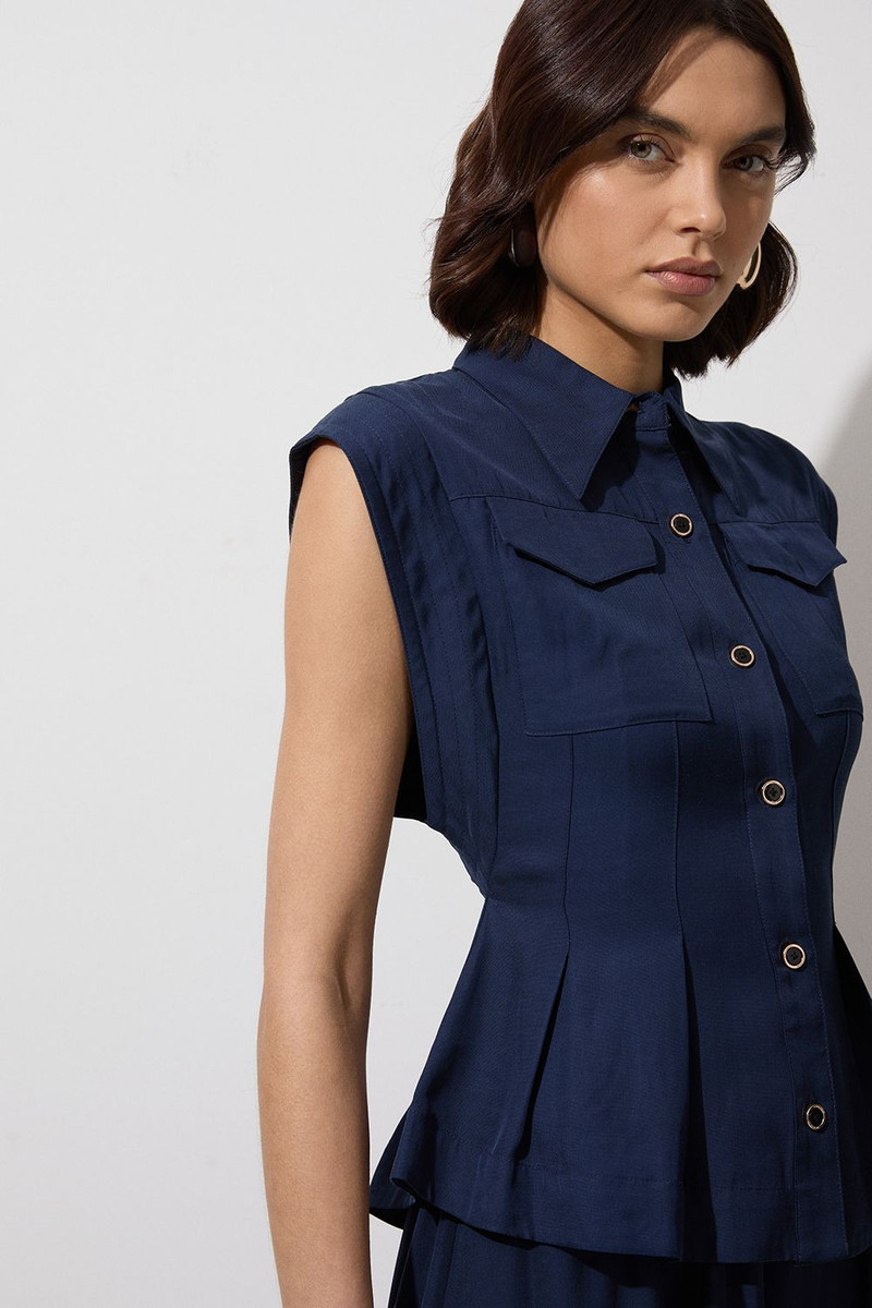 Tall Premium Viscose Linen Topstitch Woven Blouse With Waist Seam Detail 3