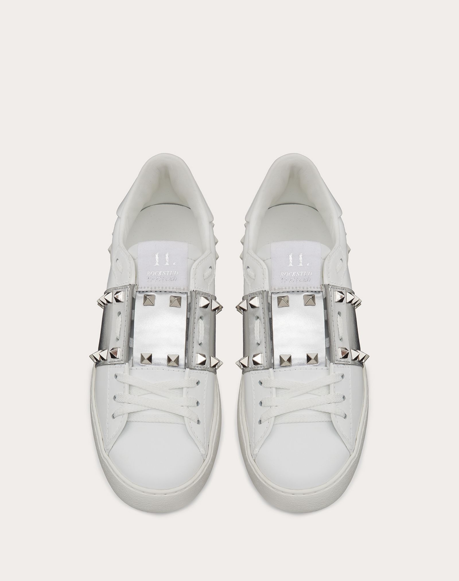 Rockstud Untitled Sneaker in Calfskin Leather with Metallic Stripe - 4