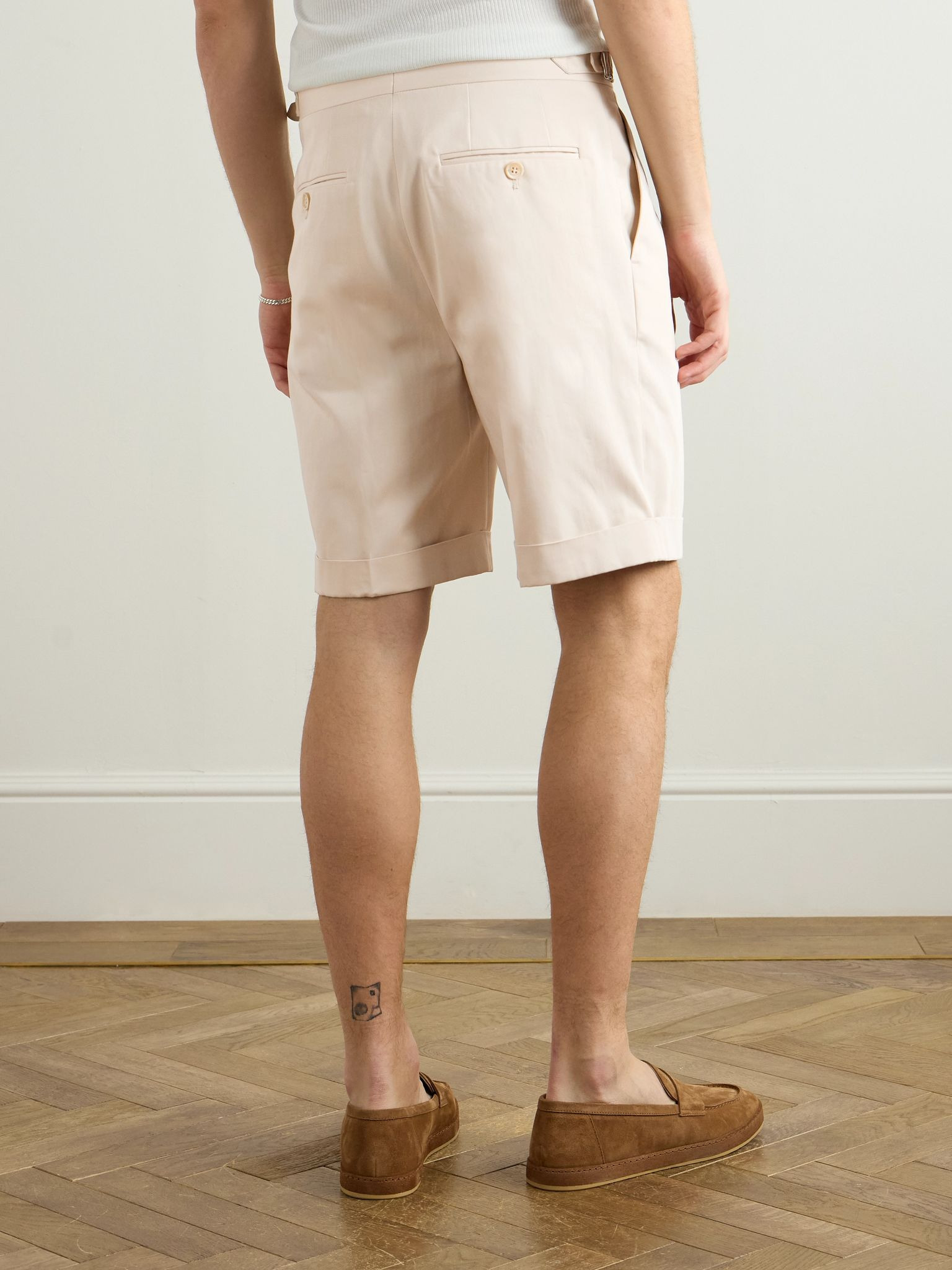 Straight-Leg Pleated Cotton-Twill Shorts Beige - 4