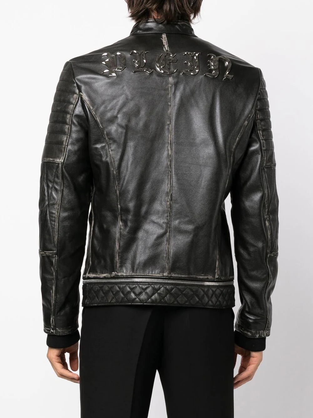 logo-plaque leather biker jacket - 4