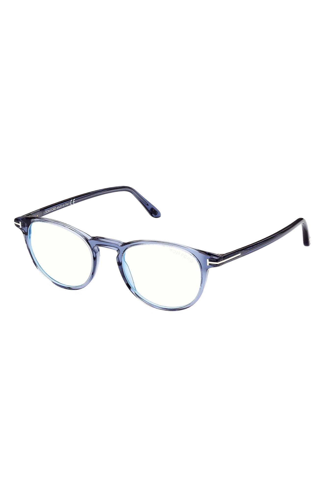 TOM FORD 51mm Round Blue Light Blocking Optical Glasses in Shiny Blue at Nordstrom - 2