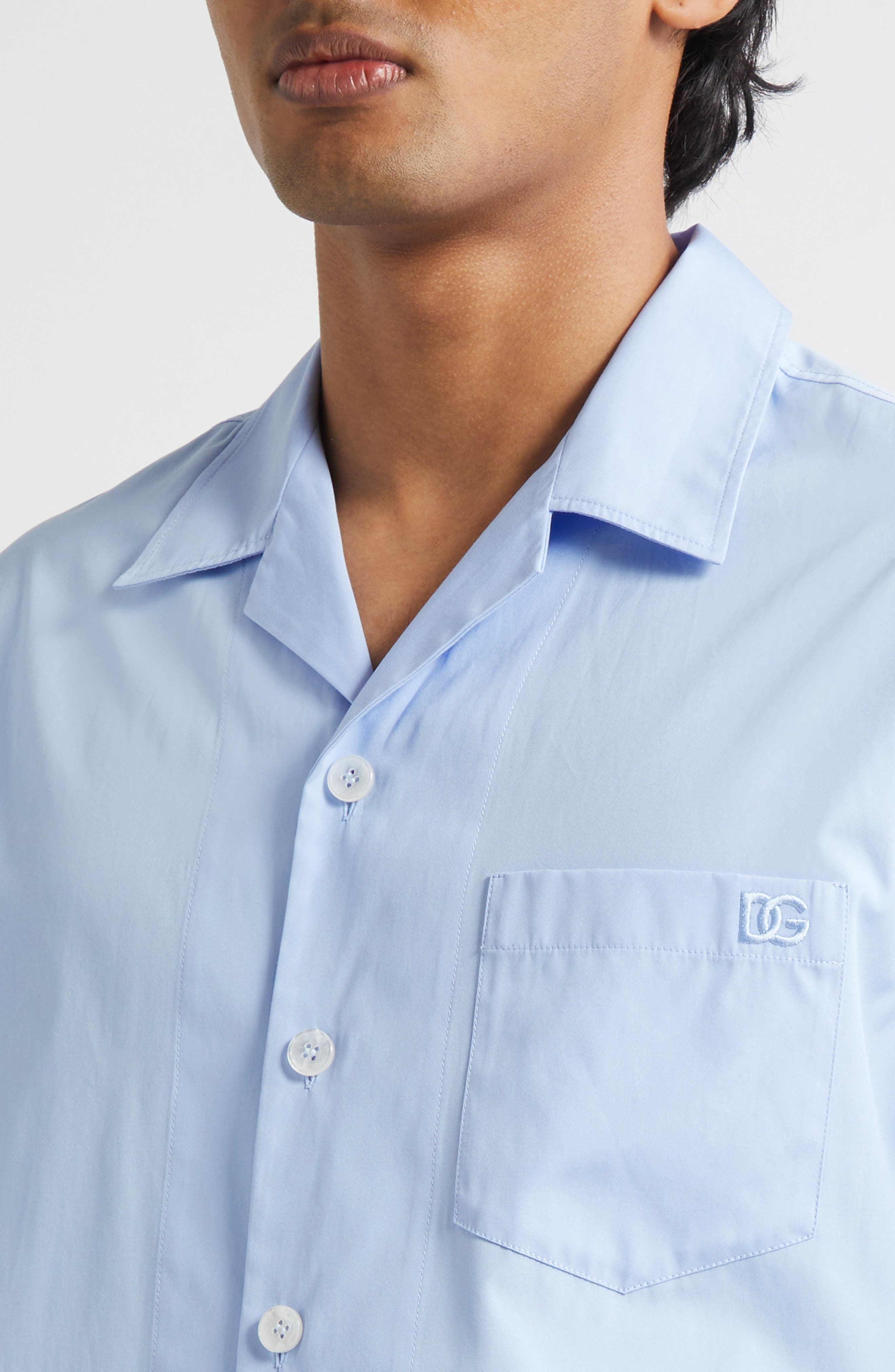 Dolce&Gabbana Logo Embroidered Camp Shirt in B0074 Celeste Scuro at Nordstrom - 4
